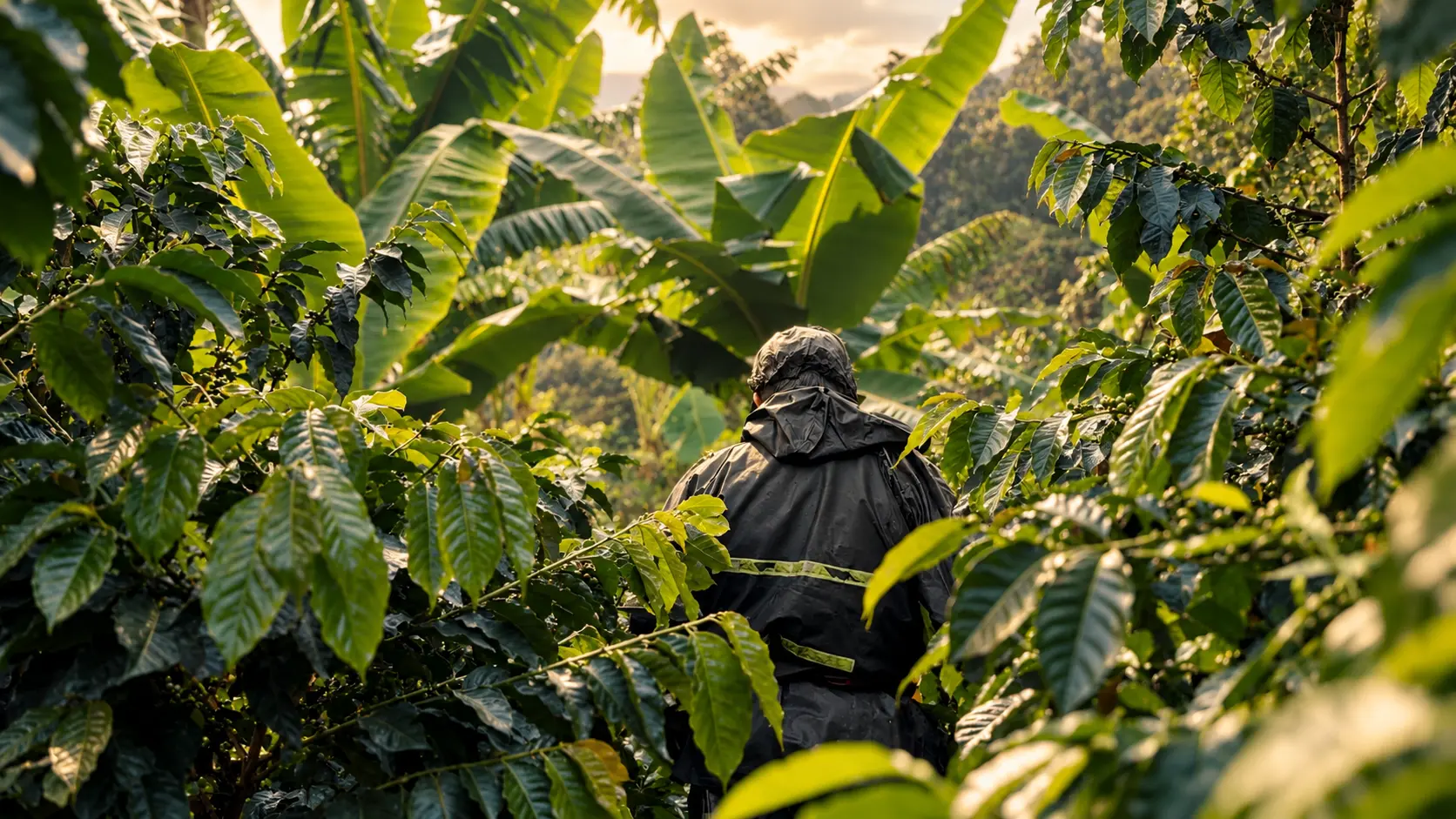 Cafetal de la Finca El Girasol en Génova, Quindío, al atardecer