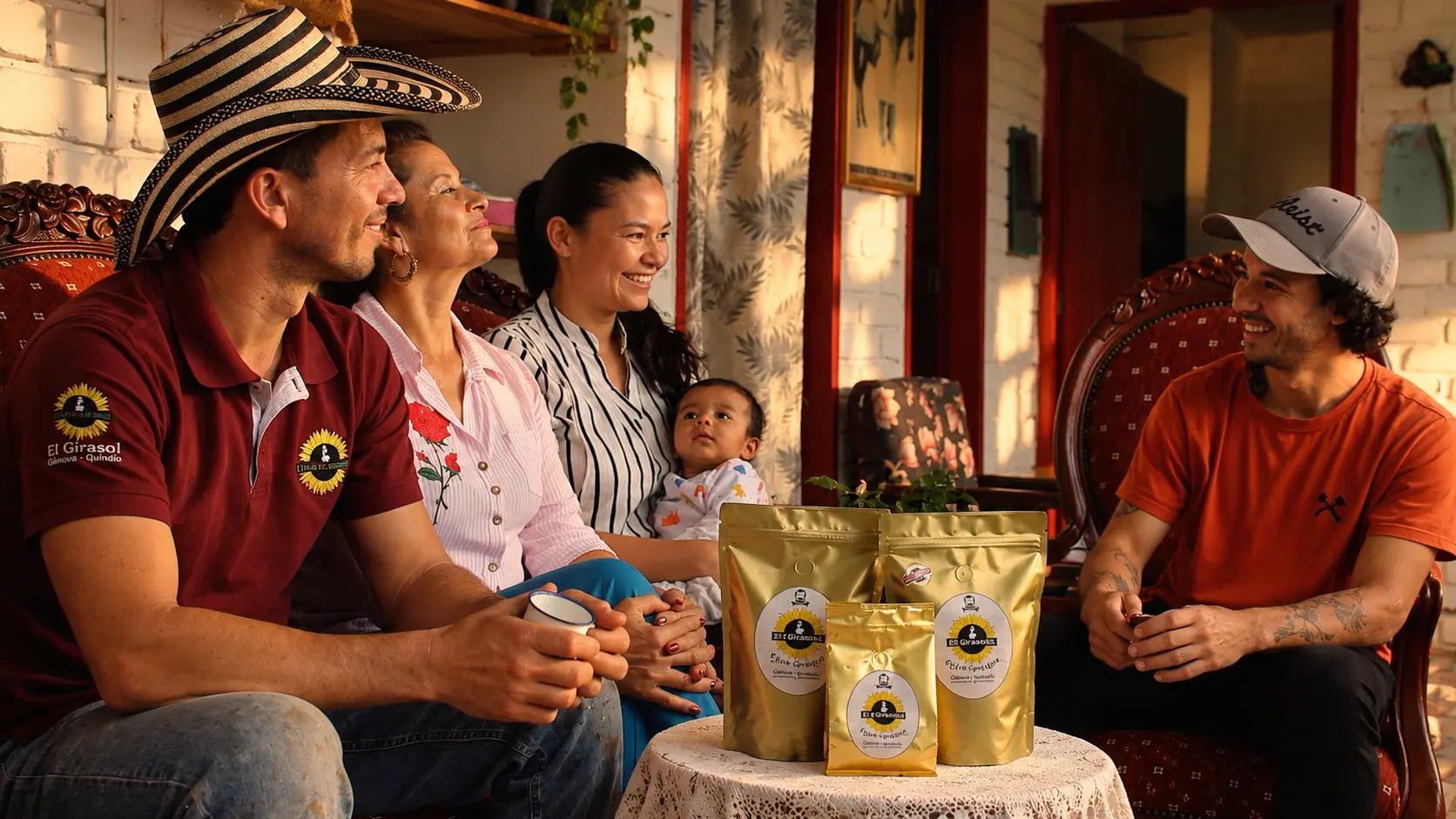 La familia de la Finca El Girasol con las bolsas de café en el corredor de la casa